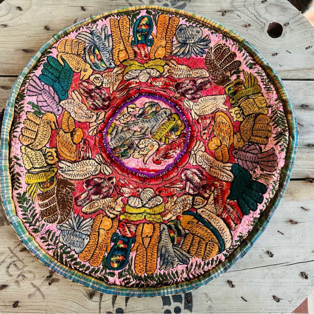 Up-Cycled Mayan Huipil Guatemala Boho Pillow Cover Embroidered 20” Round